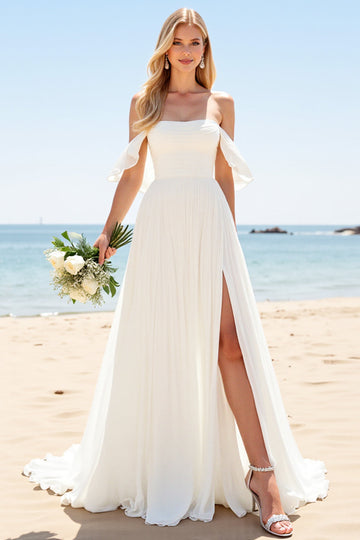 A Line Ivory Off The Shoulder Pleated Beach Wedding Dress with Slit